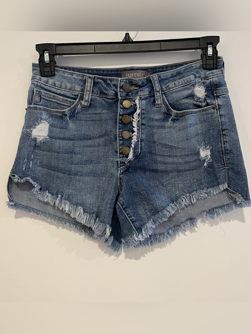 Just USA Women's Distressed Denim Blue Fringe Hem Shorts